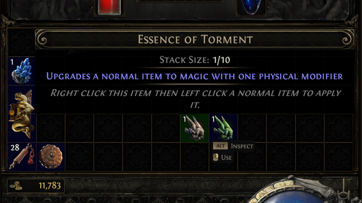 Zoomed in image of an Essence of Torment and its effects in Path of Exile 2.