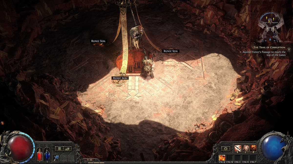 Image of the Warrior class character in Path of Exile 2 in front of the Balbala boss, imprisoned by three Runic Seals