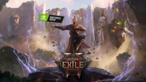 Splash image of a Monk in Path of Exile 2 meditating with an outstretched arm, with the Geforce NOW logo levitating above his hand, and the PoE2 logo at the bottom of the image.