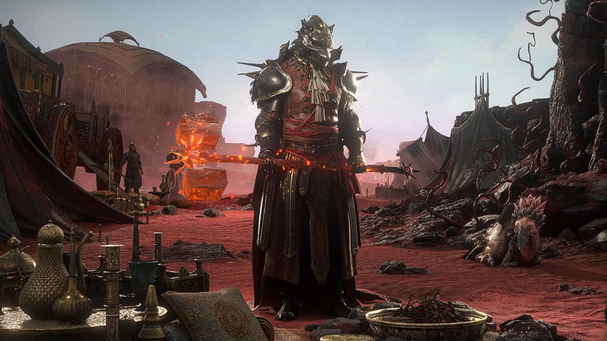 Image of the Warrior class with Titan Ascendancy on the loading screen in Act 2 of Path of Exile 2.