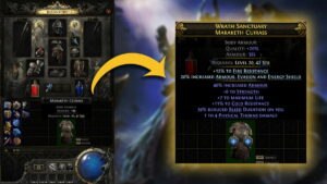 Composite image on the topic of how to craft items in Path of Exile 2. The image shows a basic item in the inventory on the left side, with a completed crafted Rare item on the right side, with an arrow pointing towards it.