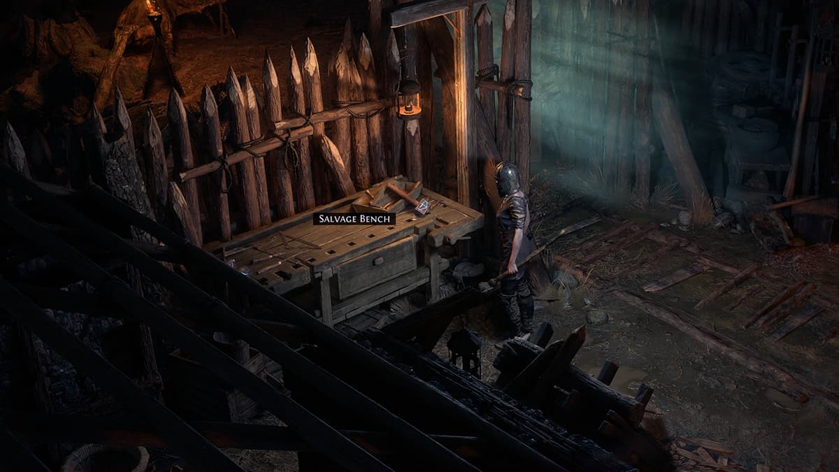 Image of the player standing in front of the Salvage Bench in Act 1 of Path of Exile 2.