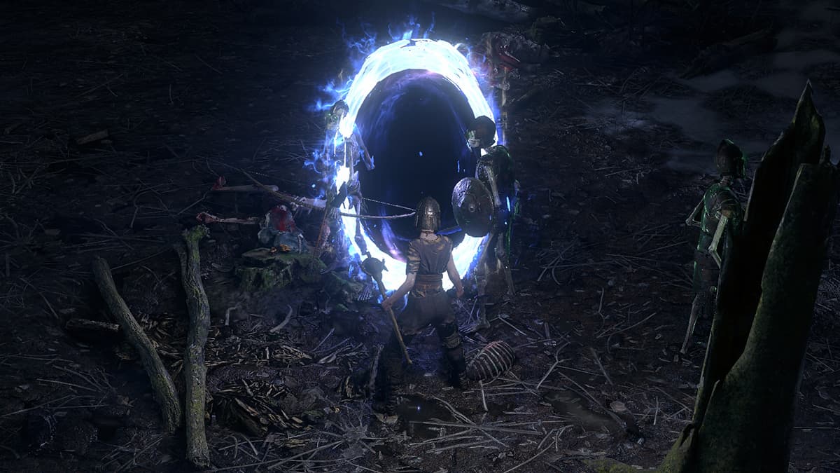 Image of the player standing in front of an open town portal in Path of Exile 2.