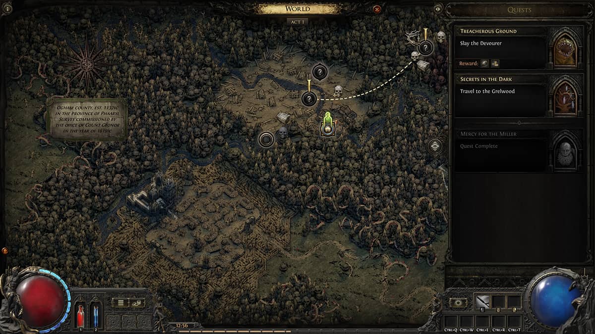 Image of the Act 1 map with the quest list shown on the left side in Path of Exile 2.
