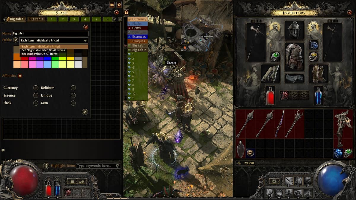 Image of the stash tabs in Path of Exile 2, with one of them set to Public for trading. 