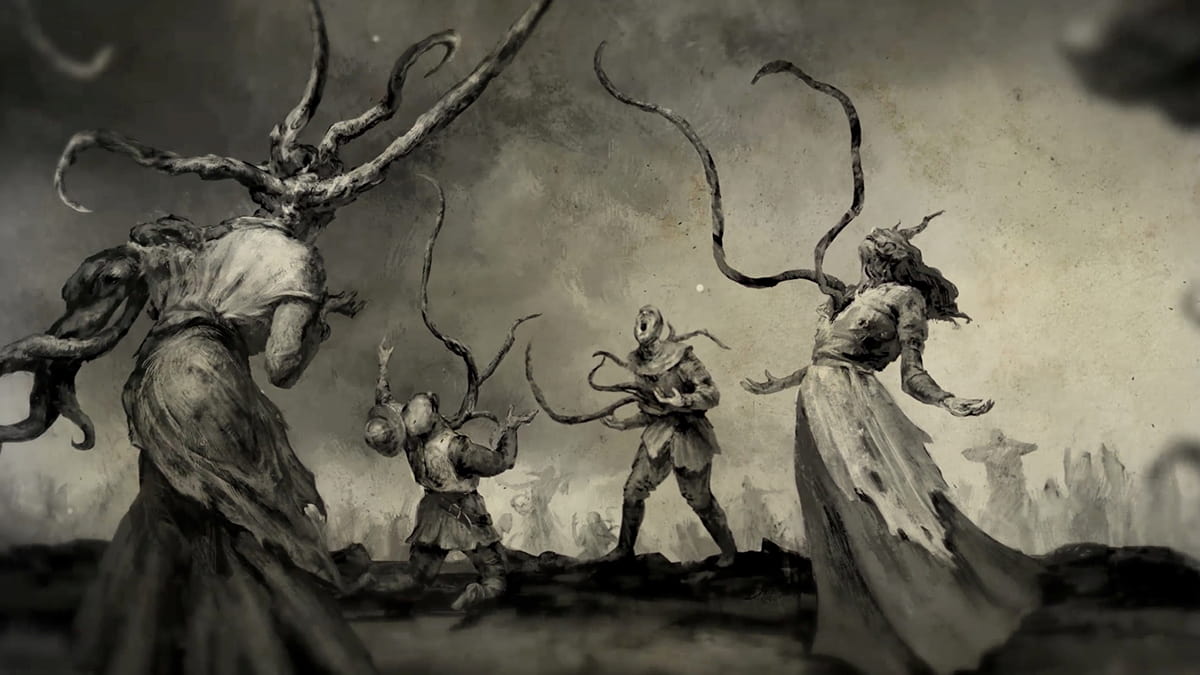 Image of civilians succumbing to corruption in Path of Exile 2, with tentacles sprouting from their bodies.