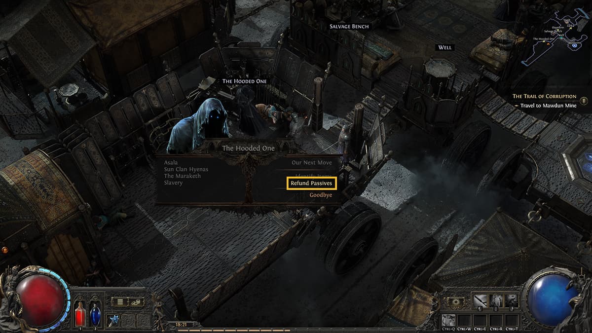 Image of the player character interacting with The Hooded One, with focus on the option to refund passives.