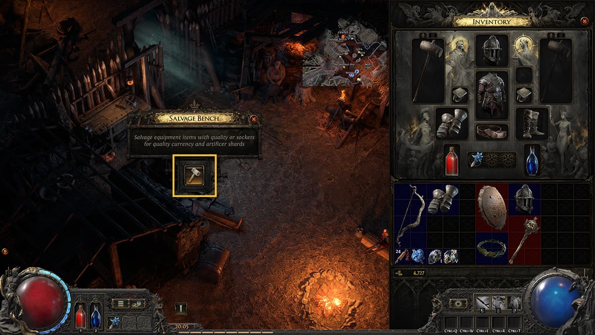 Image of the open Salvage Bench menu in Path of Exile 2, with focus on the hammer icon that needs to be clicked.
