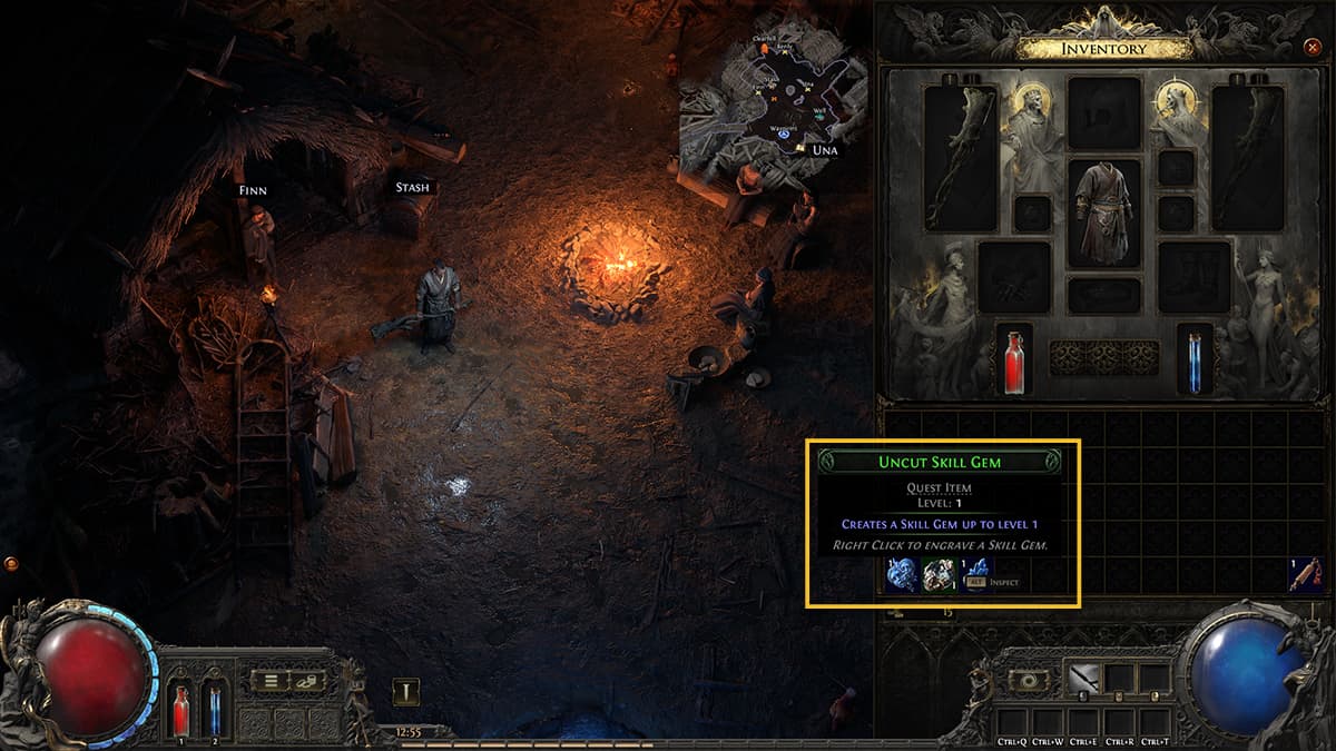 Image from Path of Exile 2 of the player's inventory with focus on the Uncut Skill Gem item.