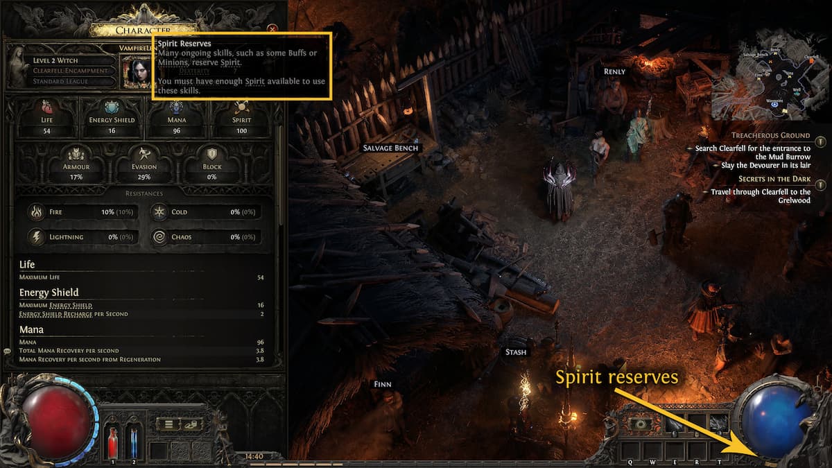 Image of the character screen in Path of Exile 2, with focus on the Spirit stat, and an arrow pointing at the Spirit Reserves visual representation in the UI.