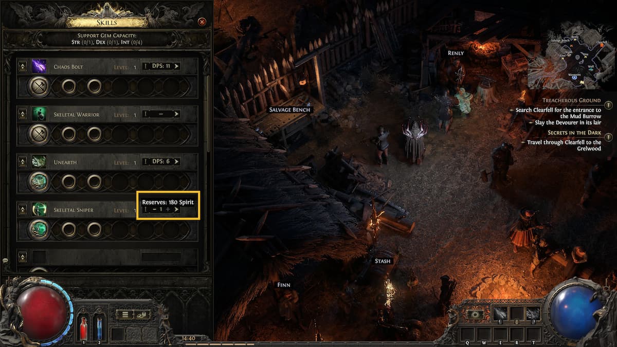 Image of the Skills menu in Path of Exile 2, with focus on the minion skill Spirit reservation options.
