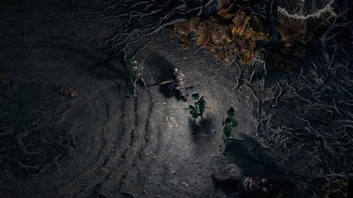 Image of the Witch class in Path of Exile 2, surrounded by her Skeleton minions supported by Spirit.