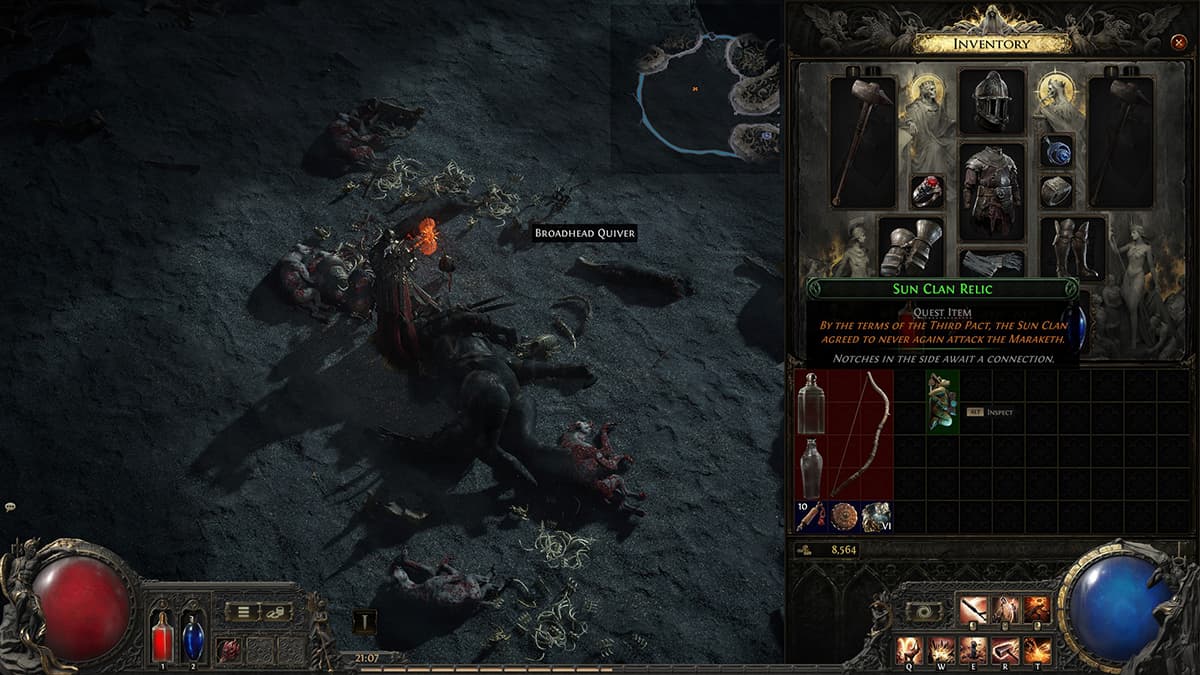 Image of the Warrior class player showing inventory with the Sun Clan Relic in Path of Exile 2.