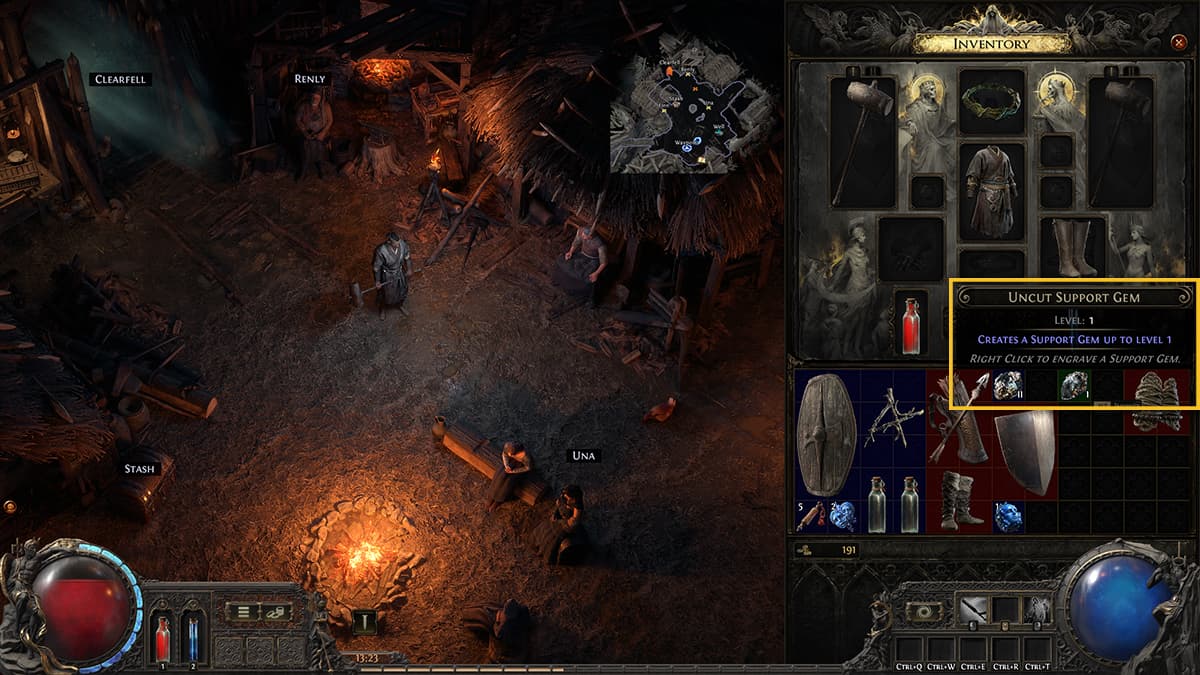 Image of the player's inventory in Path of Exile 2 with focus on the Uncut Support Gem item.