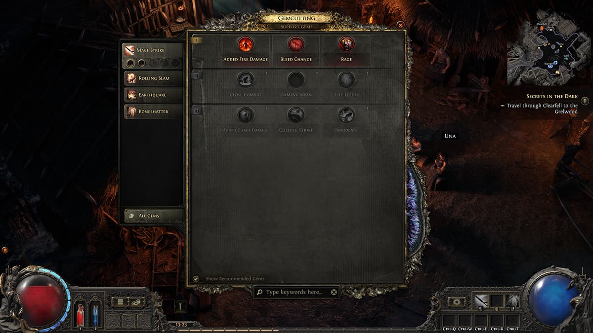 Image of the Support Gem choice panel in Path of Exile 2.