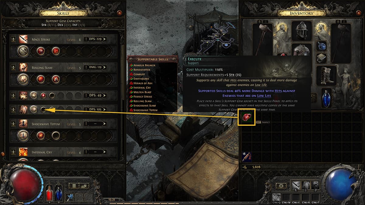 Image of the Skill Gem in the player's inventory in Path of Exile 2, with an arrow pointing the gem to an empty support slot in the Skill panel.