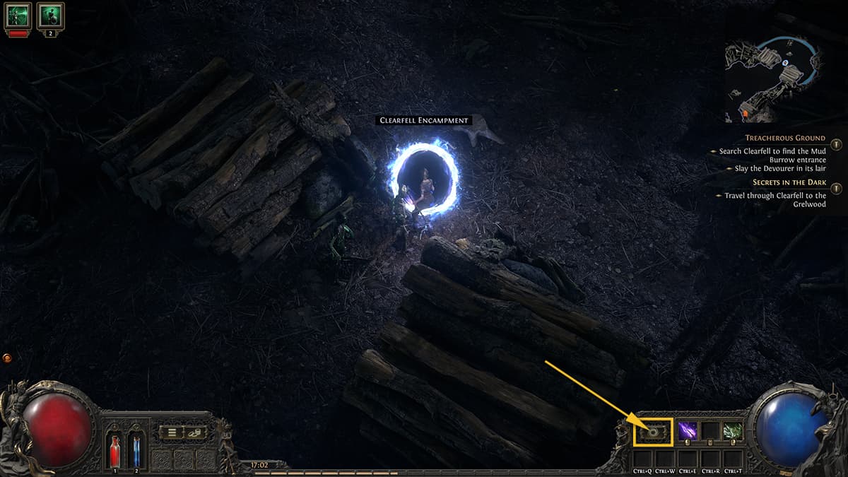 Image of the player opening a Town Portal in Path of Exile 2, with the focus on the button that needs to be clicked.
