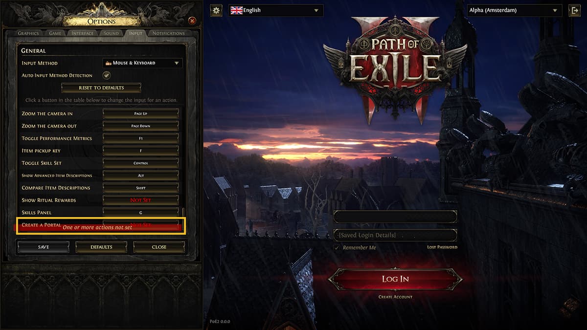 Image of the Path of Exile 2 main menu, with Settings open showing the unbound Town Portal keybind.