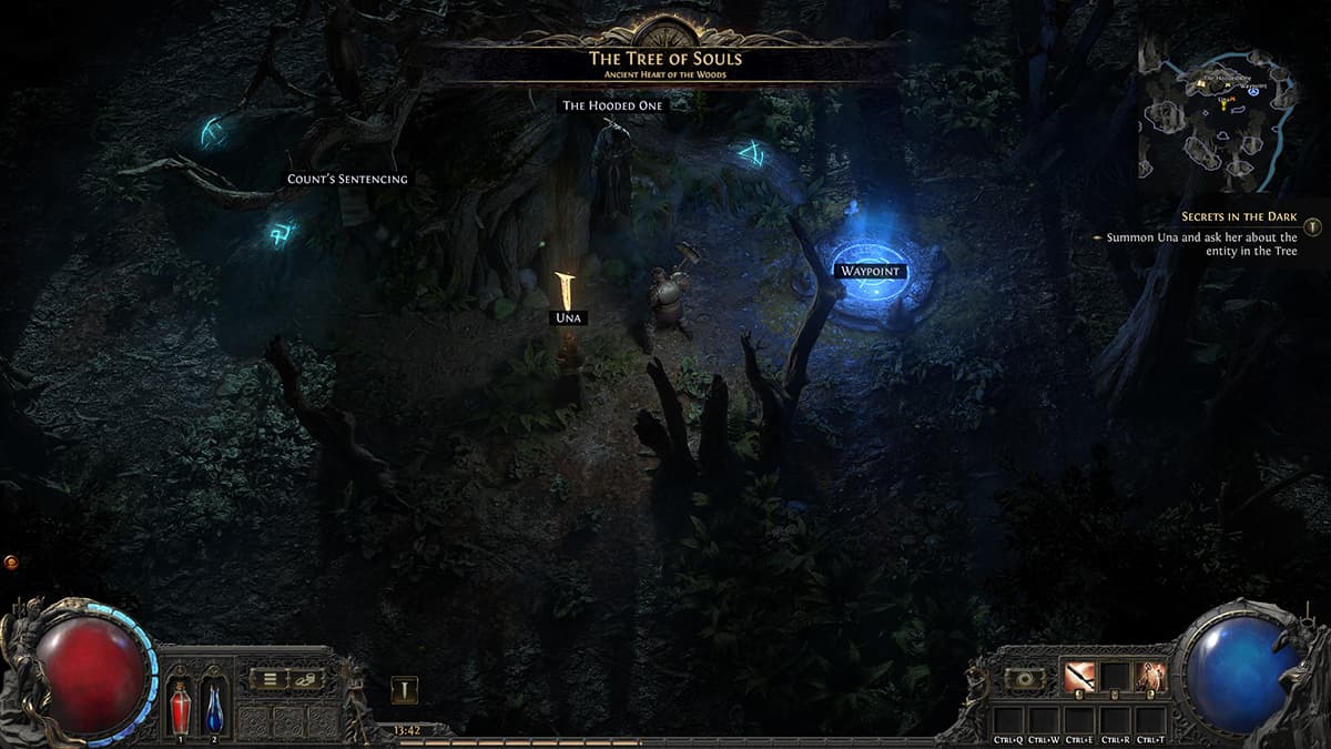 Image of the player in front of the Tree of Souls along with Una, where The Hooded One is hanging in Path of Exile 2.