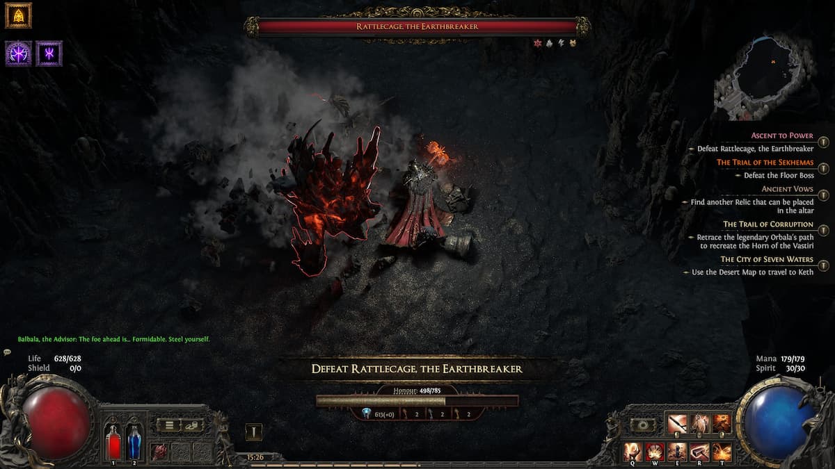 Image of the Warrior class character fighting against the boss Rattlecage at the end of Trial of the Sekhemas in Path of Exile 2.
