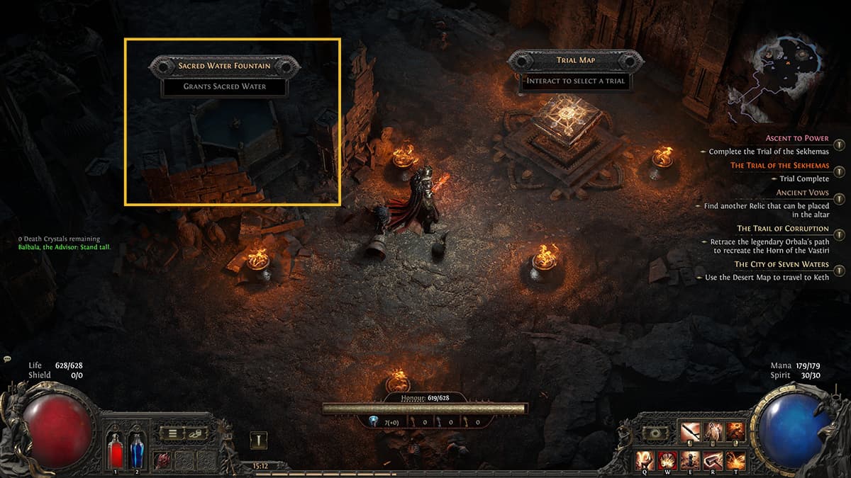 Image of the resting room during Trial of the Sekhemas, with focus on the Sacred Water Fountain in Path of Exile 2.