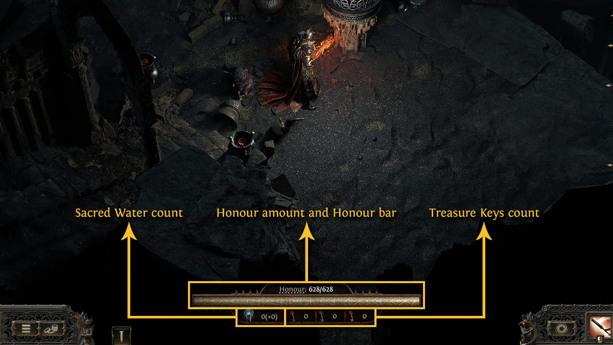Image of the resource bar in Trial of the Sekhemas in Path of Exile 2, denoting Sacred Water count, Honour amount and bar, and Treasure Keys count.