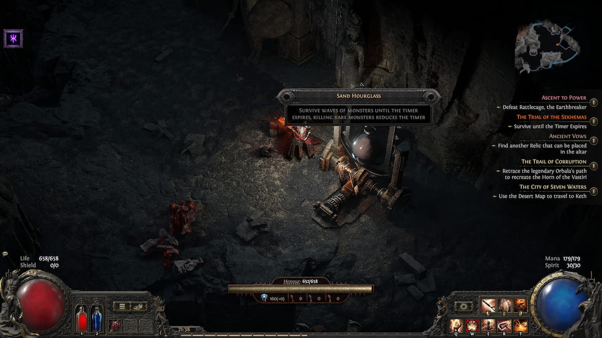 Image of the hourglass trial section of the Trial of the Sekhemas in Path of Exile 2.