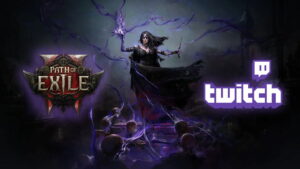 Image of the Witch class in Path of Exile 2, with PoE2 and Twitch logos on left and right.