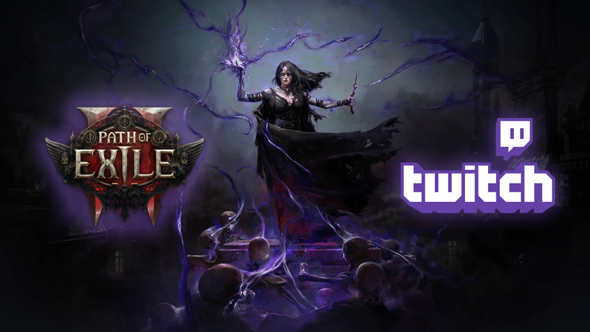 Image of the Witch class in Path of Exile 2, with PoE2 and Twitch logos on left and right.