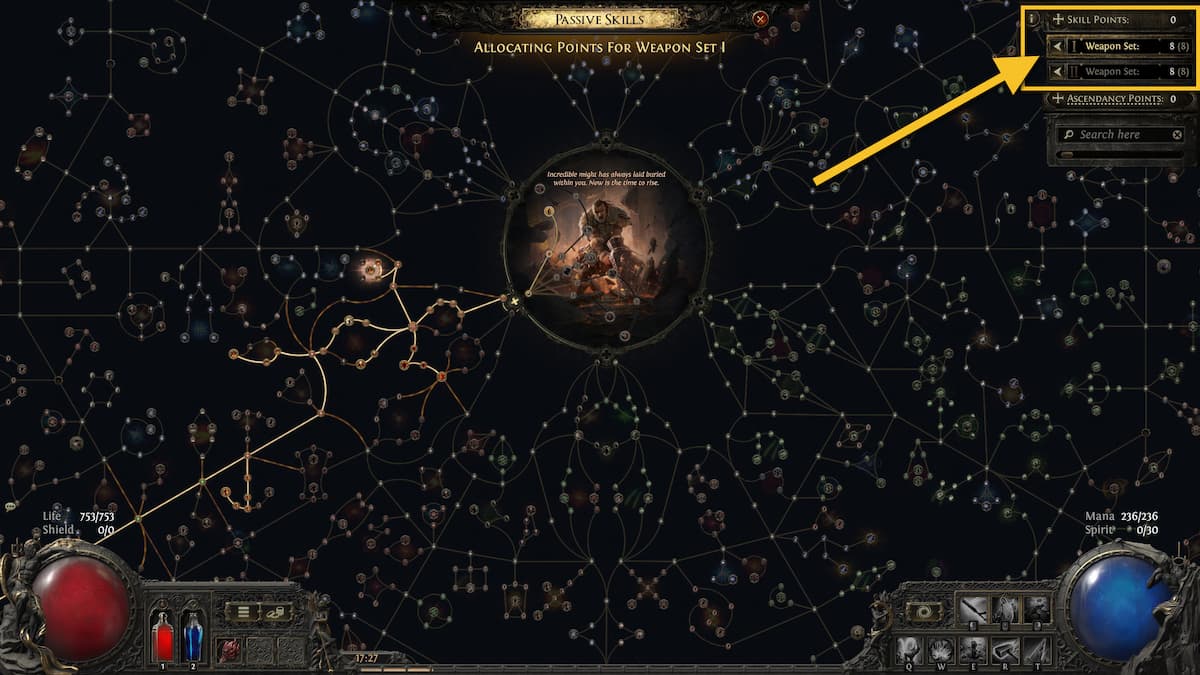 Image of the passive skill tree for the Warrior Titan class in Path of Exile 2, with focus on the two swappable Weapon Sets for point allocation.