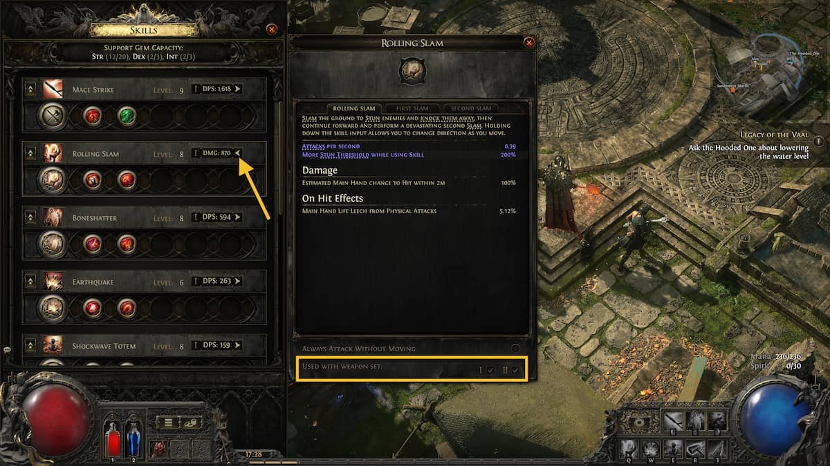 Image of the Skill Gem tab in Path of Exile 2, showing the toggle between Weapon Swap options.