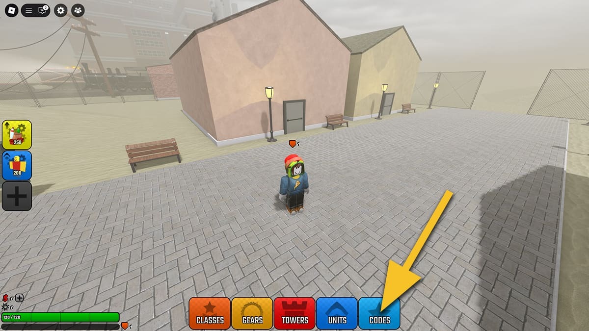 A Roblox character standing in the field in Payload, with a yellow arrow pointing to the blue Codes button.