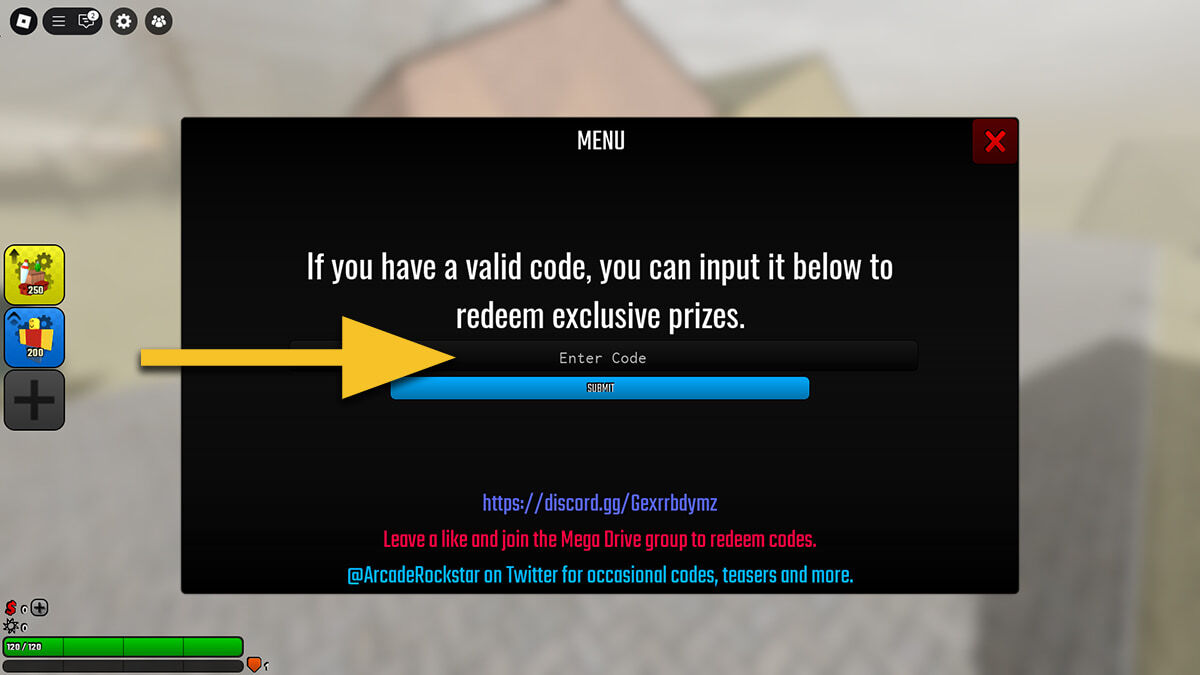 The codes screen in Roblox Payload, with a yellow arrow pointing to the text box.