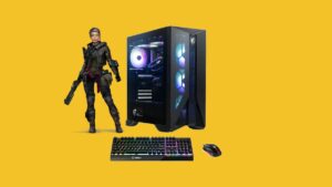 A woman next to the best gaming PC for Cyberpunk 2077 in 2023.