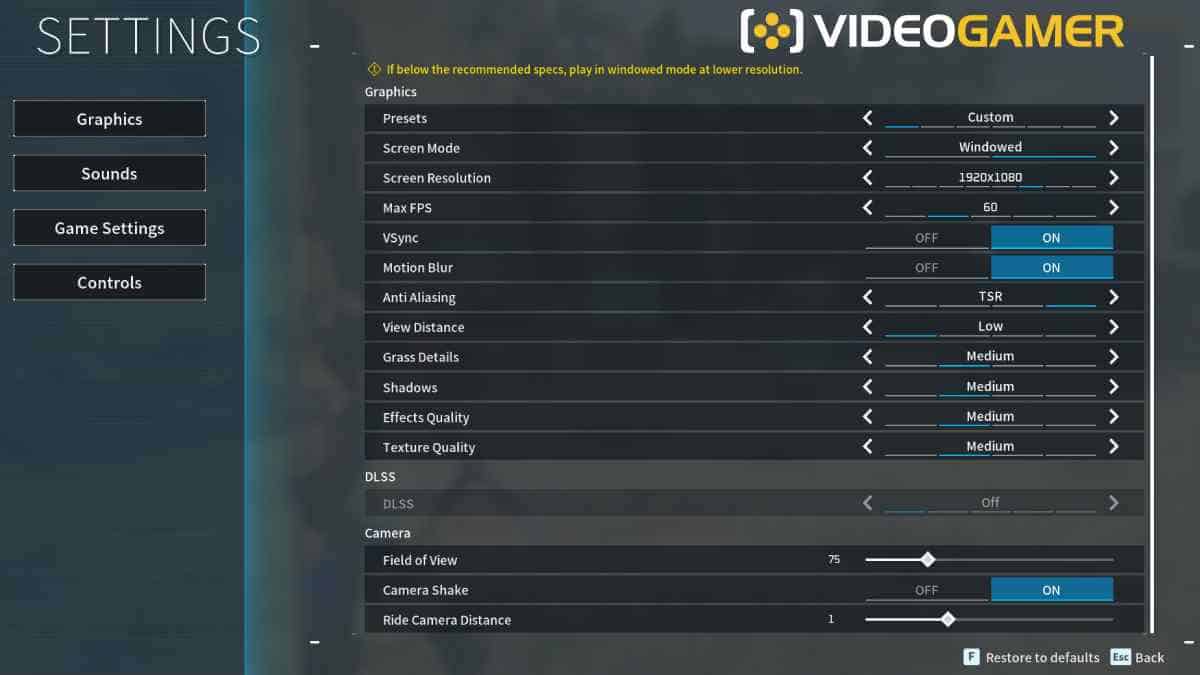 A screenshot of the Palworld graphics settings menu, calibrated to Low.
Text:
Screen Mode: Windowed
Screen Resolution: 1920 x 1080
Max FPS: 60
V-Sync: On
Motion Blur: On
Anti Aliasing: TSR
View Distance: Low
Grass Details: Medium
Shadows: Medium
Effects Quality: Medium
Texture Quality: Medium
DLSS: Performance, if available
Field of View: 75
Camera Shake: Off
Ride Camera Distance: 1