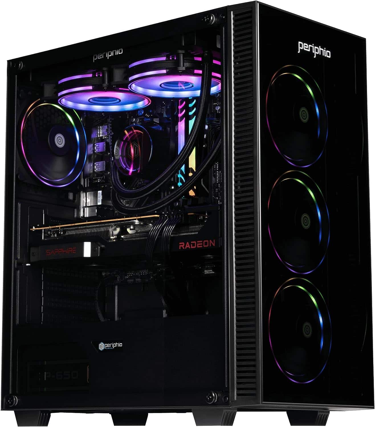 A Periphio Firestorm PC case with vibrant fans.