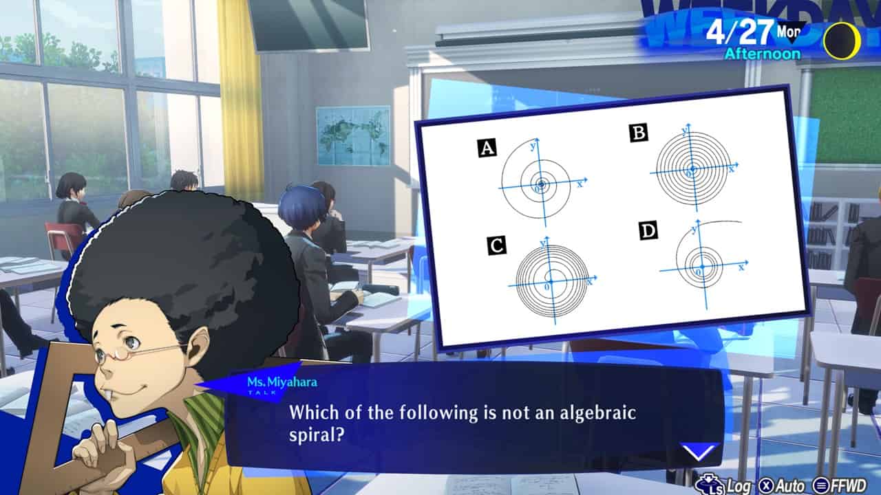 Persona 3 Reload quiz answers - A screenshot of a classroom in Persona 3 Reload. Image from VideoGamer.