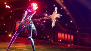 Image of a character from Persona 3: Reload wielding a cross-shaped staff.
