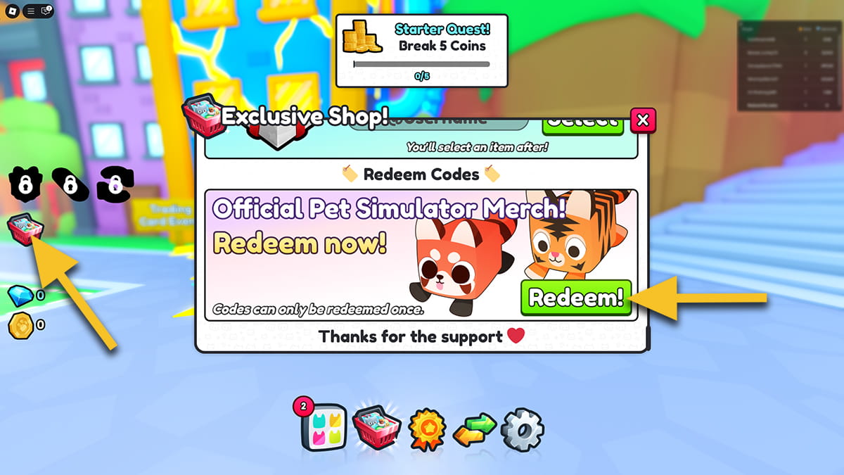 Image of the Shop window with an arrow pointing at the Redeem button in the Roblox game Pet Simualtor 99.