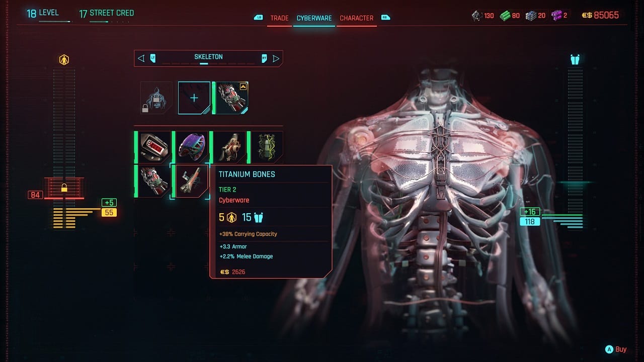 Cyberpunk 2077 Phantom Liberty review - An image of the in-game menu showing off cyberware in the game.