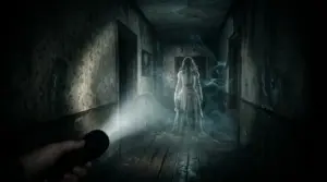 Ghost hunter's flashlight illuminating spectral figure in foggy abandoned house hallway in Phasmophobia