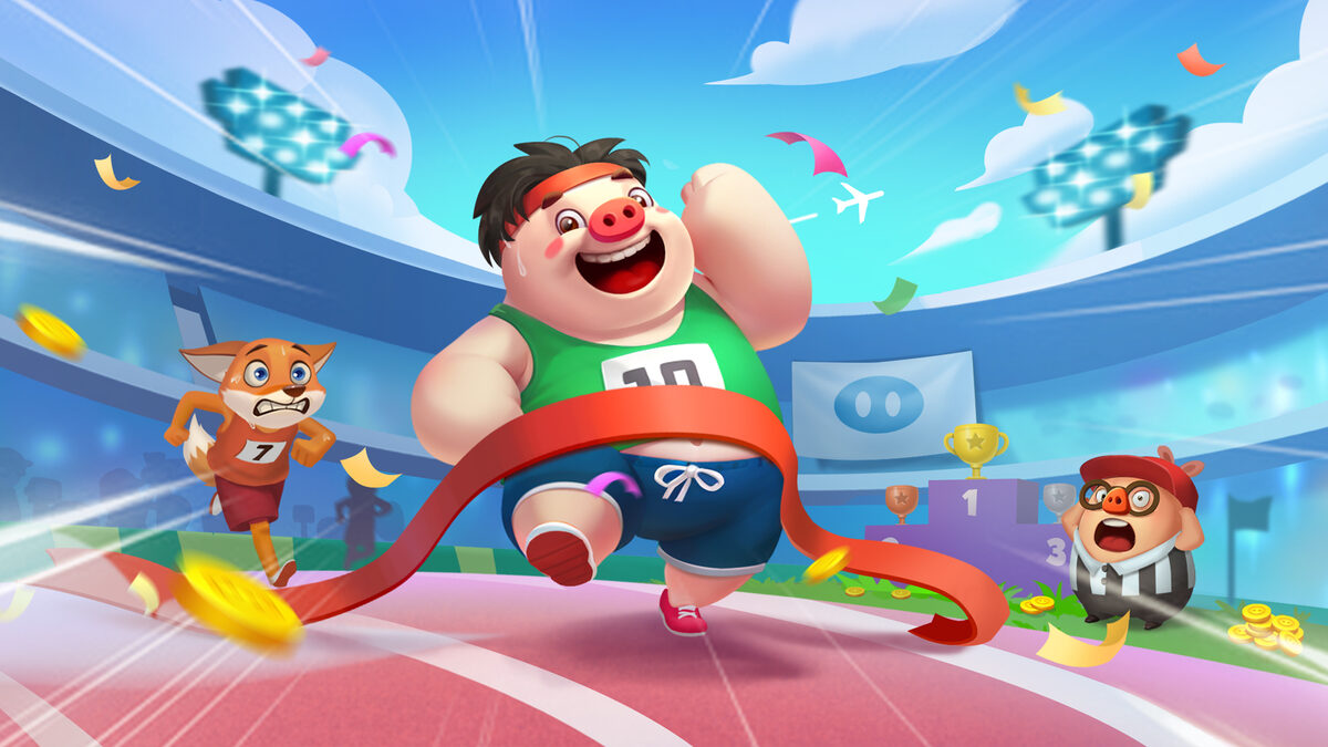 Piggy GO free dice links: a cartoon pig racing in a stadium.