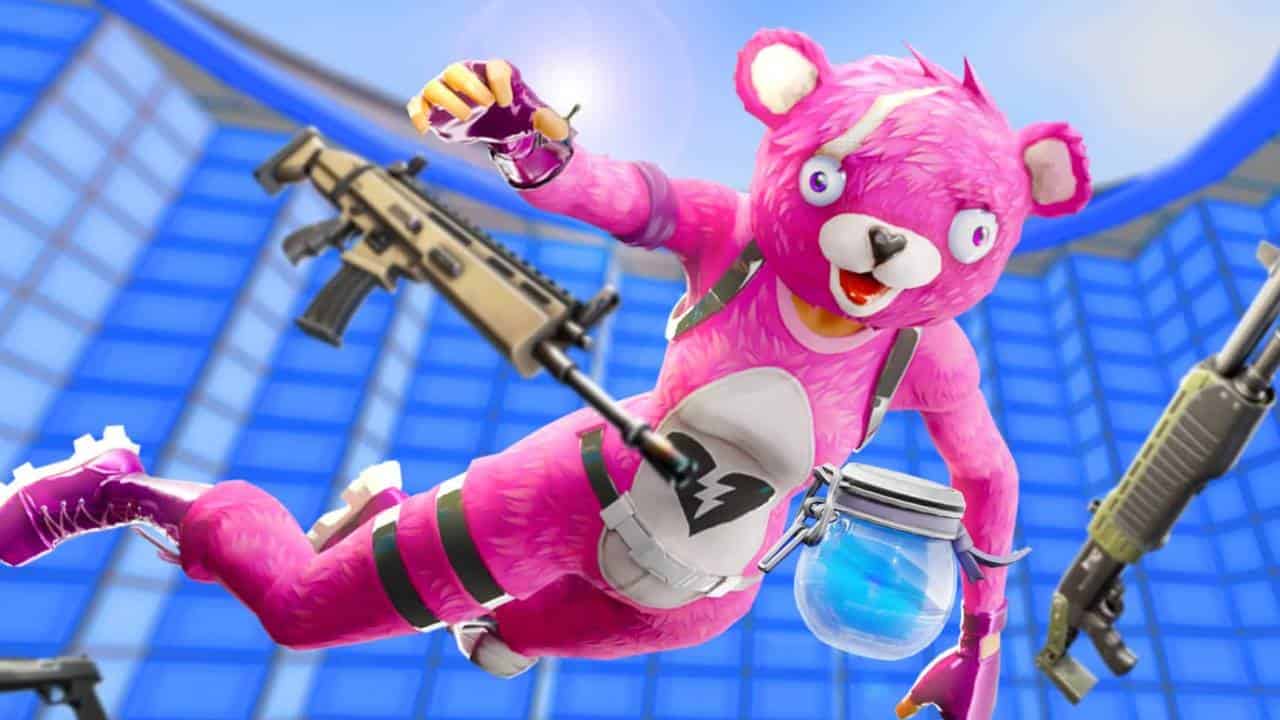 Fortnite Compaint: A pink teddy bear character skydiving with weapons in a stylized Fortnite loading screen environment.