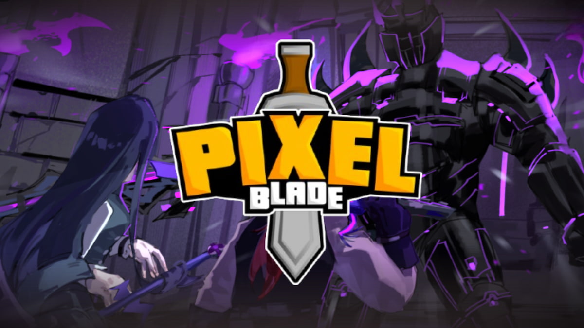 Two girls facing an armored boss, with Pixel Blade logo in the middle.