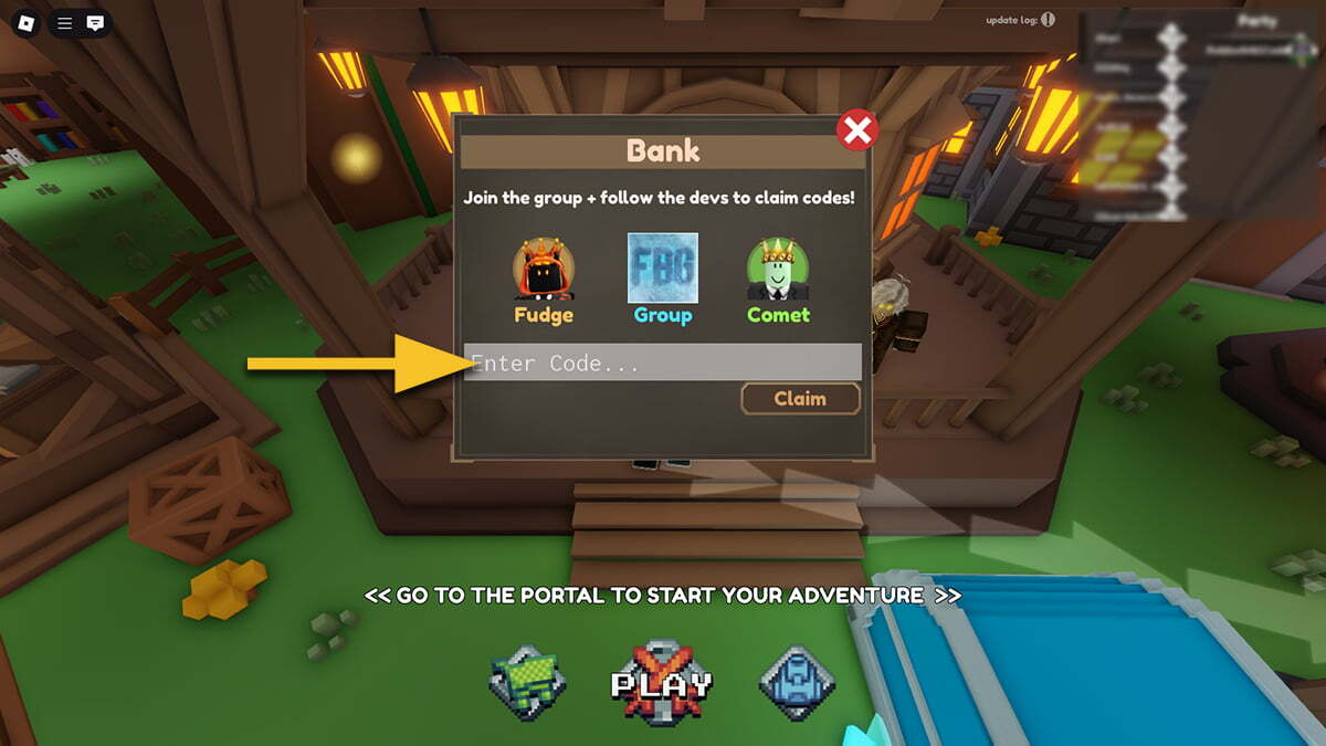 The Bank window in Pixel Blade, with a yellow arrow pointing to the text box.
