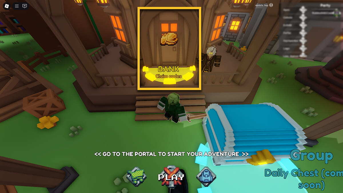 A Roblox character in Pixel Blade standing in front of a Bank, with the bank highlighted with a yellow box.