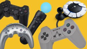 A group of PlayStation controllers on a yellow background.