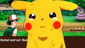 Sad Pikachu crying in front of gameplay of Pocket Monster Remake mobile game