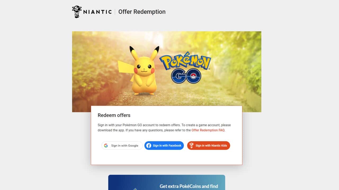 Pokemon Go promo codes: The Offer Redemption page on the Niantic website.