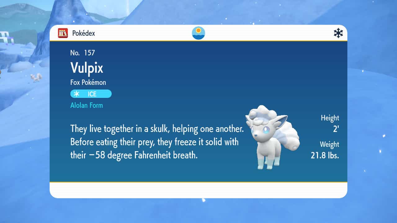 Pokemon Indigo Disk Alolan Vulpix: Alolan Vulpix in the Pokedex.